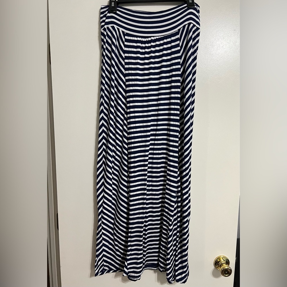 Navy and white horizontal striped maxi skirt
